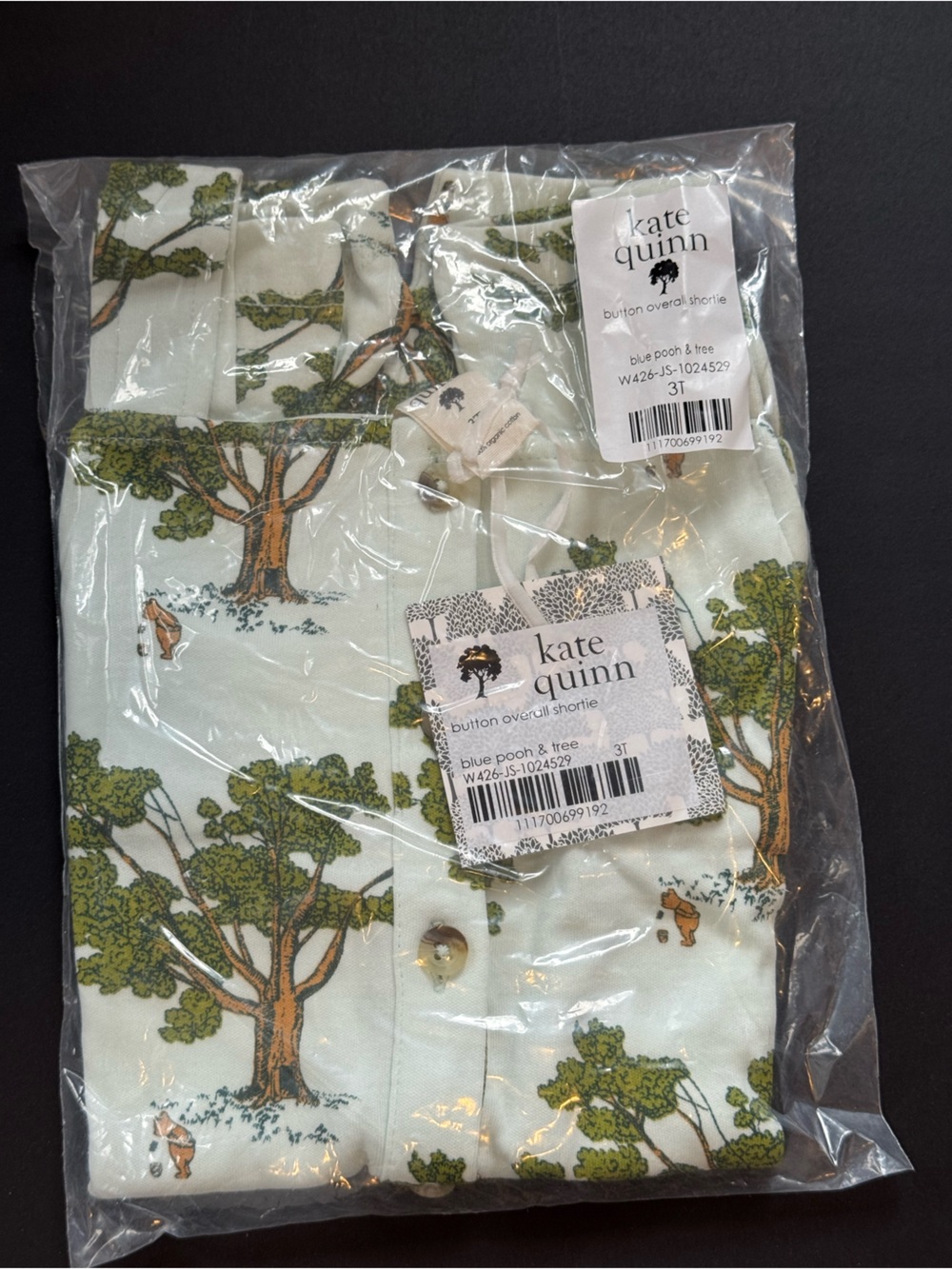 kate quinn White and Green Winnie the Pooh Tree-Print Button Overall Shortie